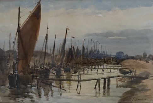 John Chambers (1852-1928), watercolour, Norfolk fishing fleet, signed, 22 x 32cm. Condition - fair to good